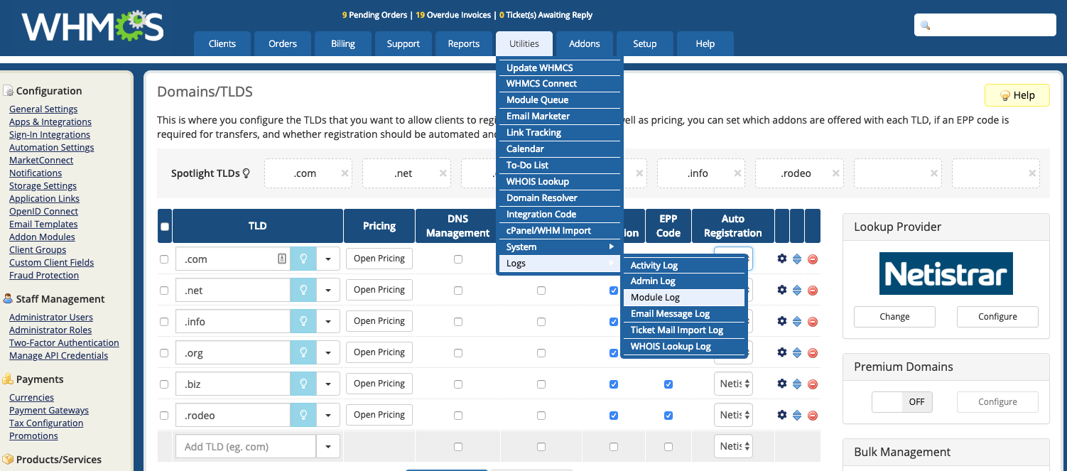 Netistrar WHMCS module logs